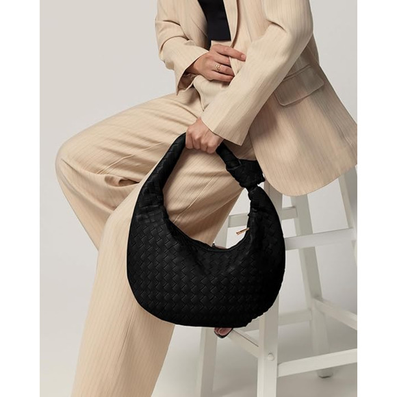 Black Leather Woven Knot Purse Hobo Handbag Shoulder Bag Y2k Boho Slouchy - Picture 6 of 6